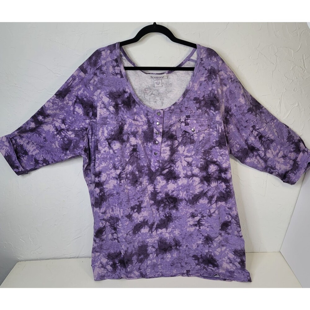 Roaman’s 4X Purple Tie Dye Henley Top Snap Neck 100% Cotton Plus Size 3/4 Sleeve